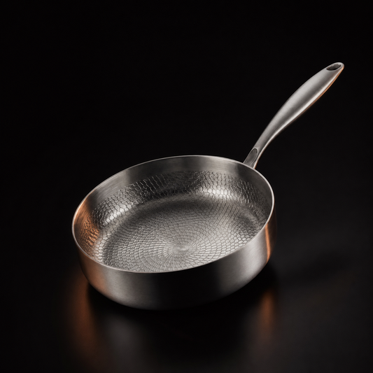 Hand-hammered high-wall titanium pan, deep PFAS-free non-stick cookware by Okura