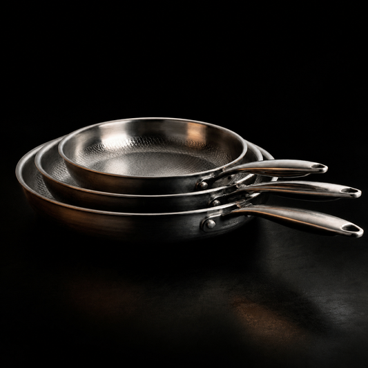 Hand-hammered titanium 3-piece frying pan set in three sizes, PFAS-free by Okura