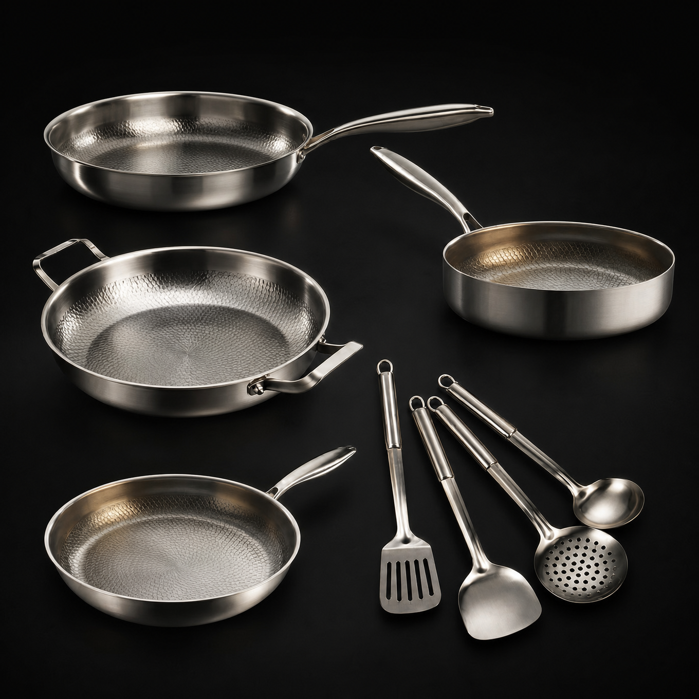 Hand-hammered titanium family set of four pans with utensils, PFAS-free by Okura