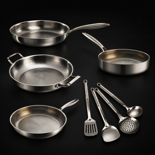 Hand-hammered titanium family set of four pans with utensils, PFAS-free by Okura