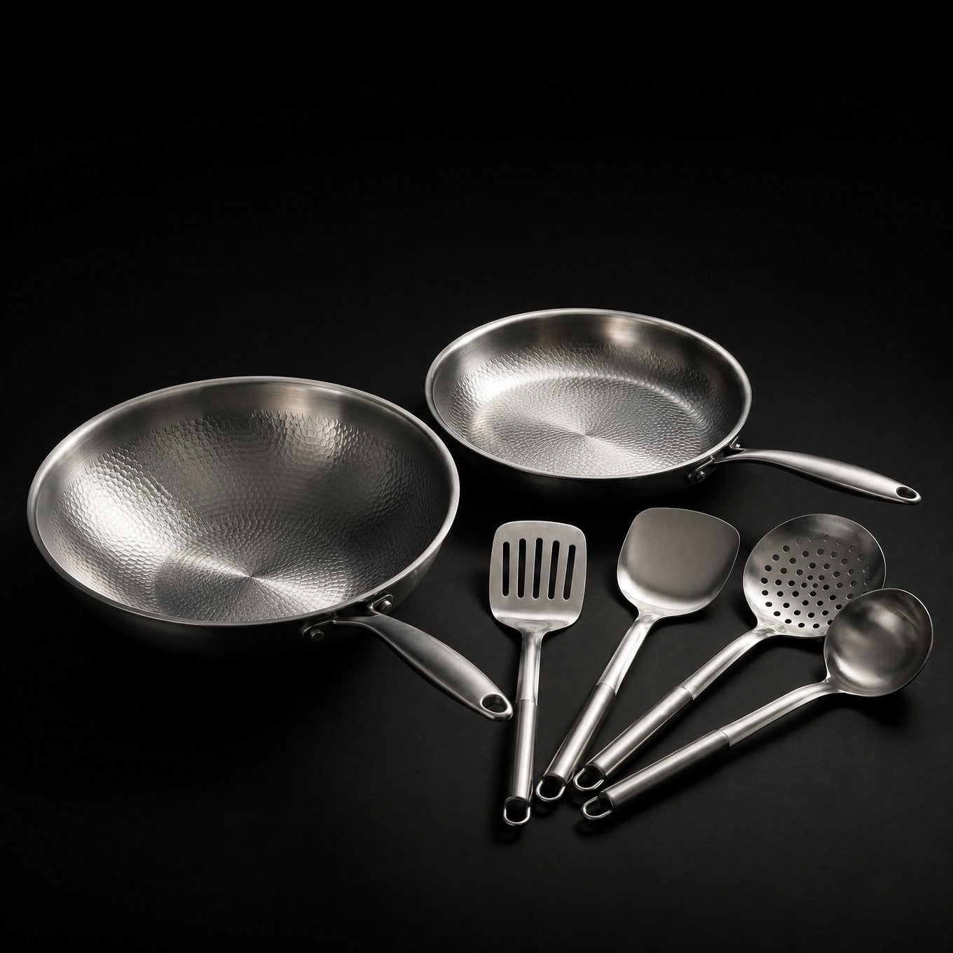 Hand-hammered titanium wok and fry pan set with utensils, PFAS-free by Okura