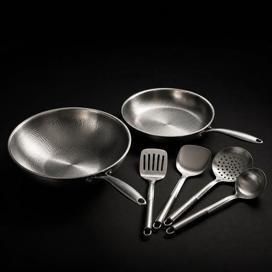 Hand-hammered titanium wok and fry pan set with utensils, PFAS-free by Okura