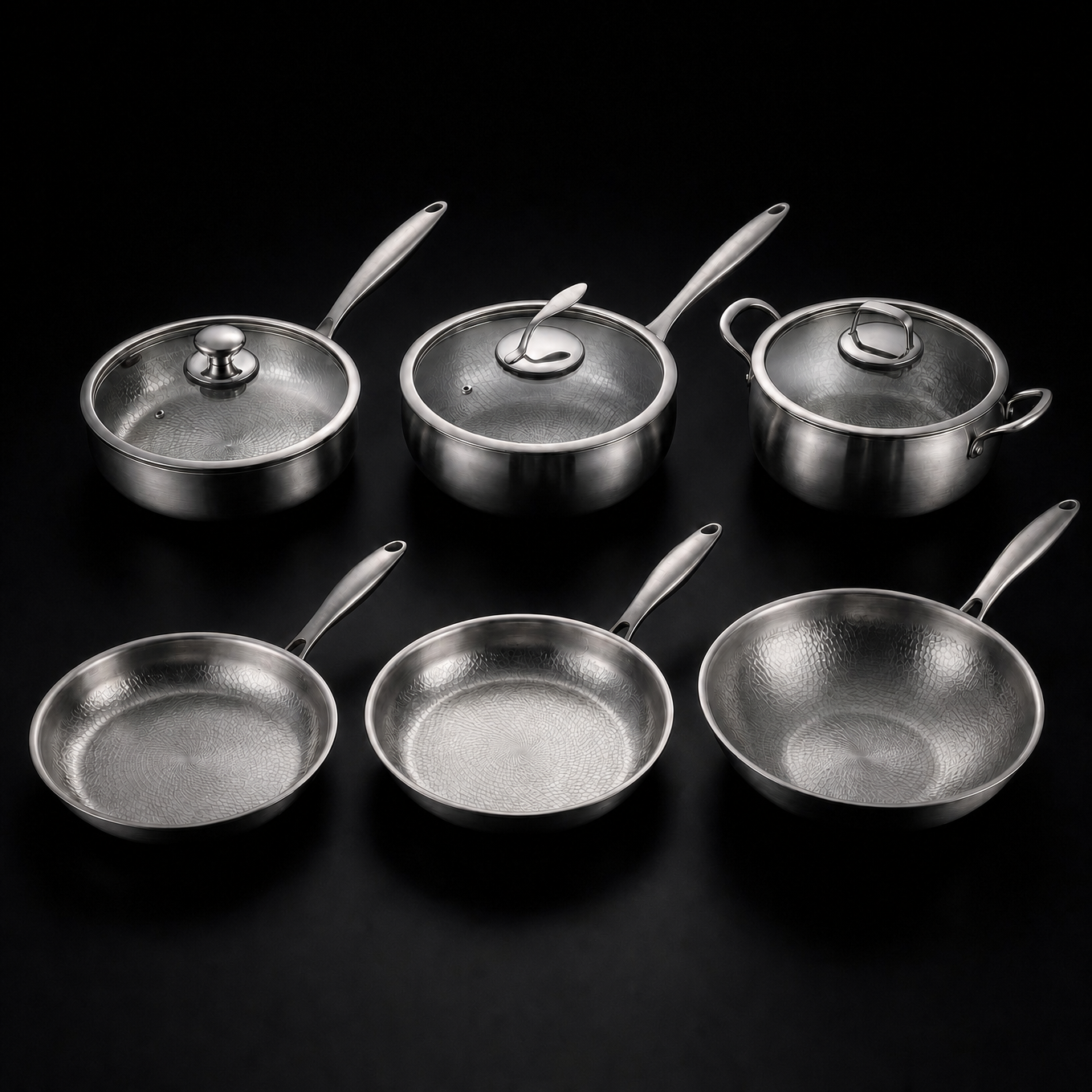 Hand-hammered titanium complete kitchen set of three pans with lids, PFAS-free by Okura