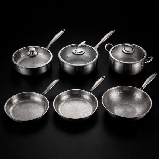 Hand-hammered titanium complete kitchen set of three pans with lids, PFAS-free by Okura