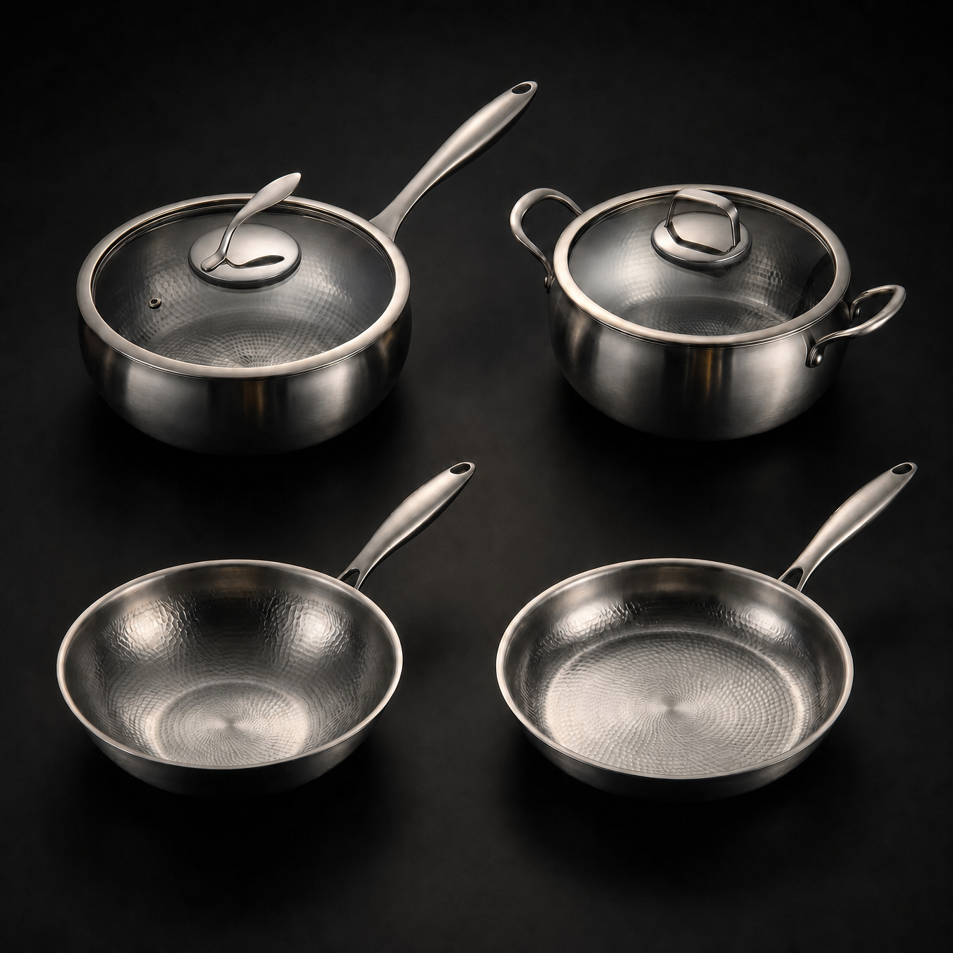 Hand-hammered titanium essentials kitchen set, three pans with two lids, PFAS-free by Okura