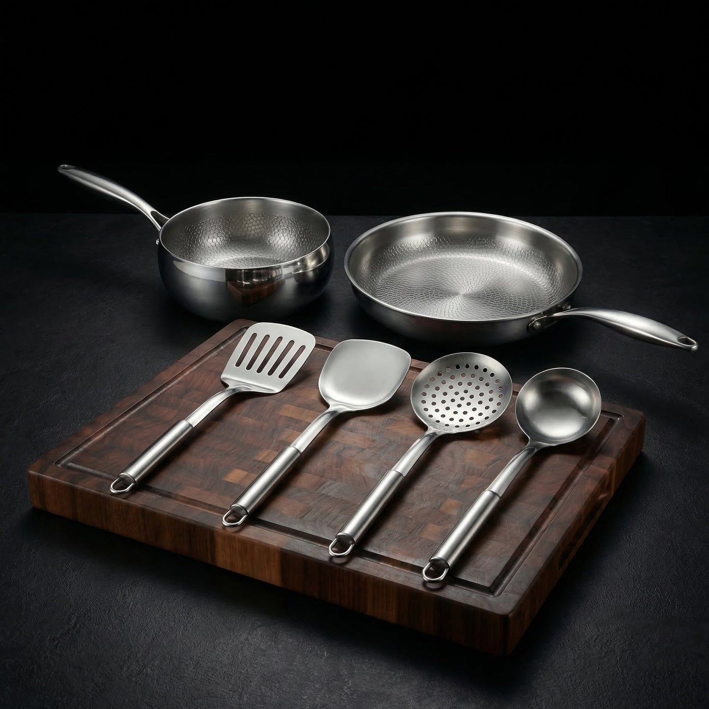 Hand-hammered titanium pan and sauté starter set with walnut board and utensils by Okura