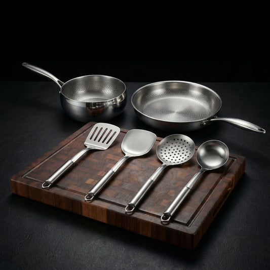 Hand-hammered titanium pan and sauté starter set with walnut board and utensils by Okura